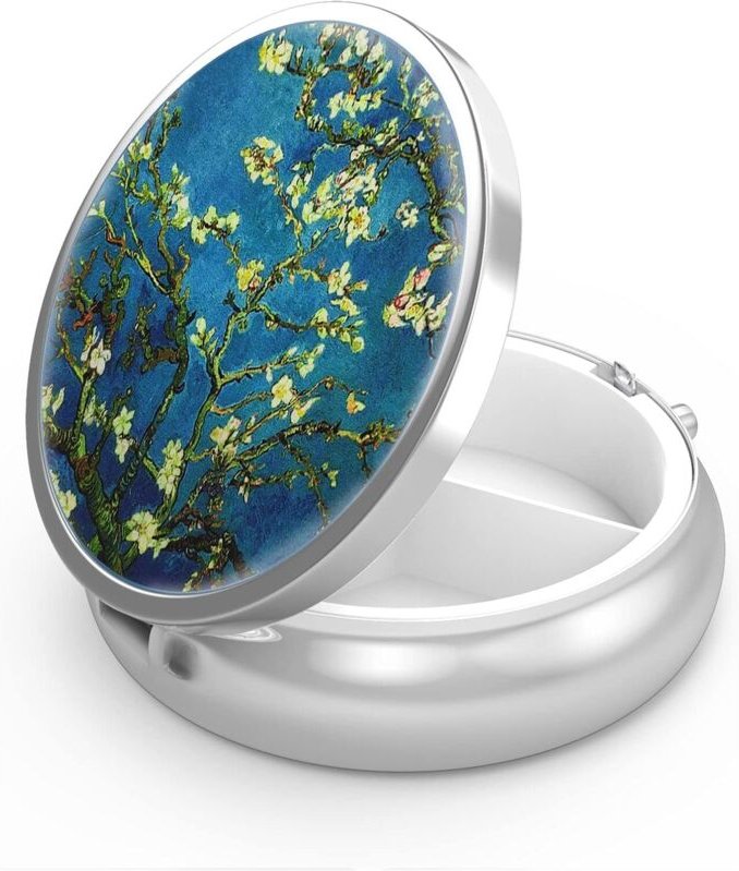 Thumbnail - Blaue Pillendose, 5 x 5 x 1,7 cm, Taschen- oder Reisetaschengröße, dekorative Pillendose aus Metall, Aufbewahrungsbox fü...