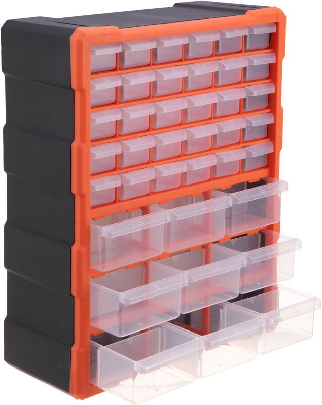 Relaxdays Kleinteilemagazin, 39 Schubladen, Kunststoff, HxBxT: 47x38x16 cm, Wand od. stehend, Sortierbox, schwarz/orange