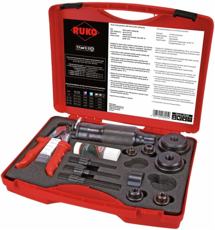 Ruko - Schraublochstanzen-Satz mit kompakter Handhydraulikstanze im Kunststoffkoffer - 12 tlg. - 109009