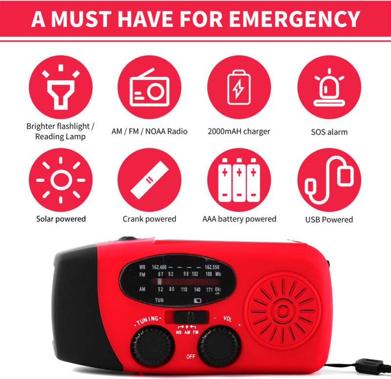 Emergency Handkurbel Radio mit led -Taschenlampe für am/fm noaa tragbares Wetter Dynamo 2000mah Power Bank Telefon Ladeg...