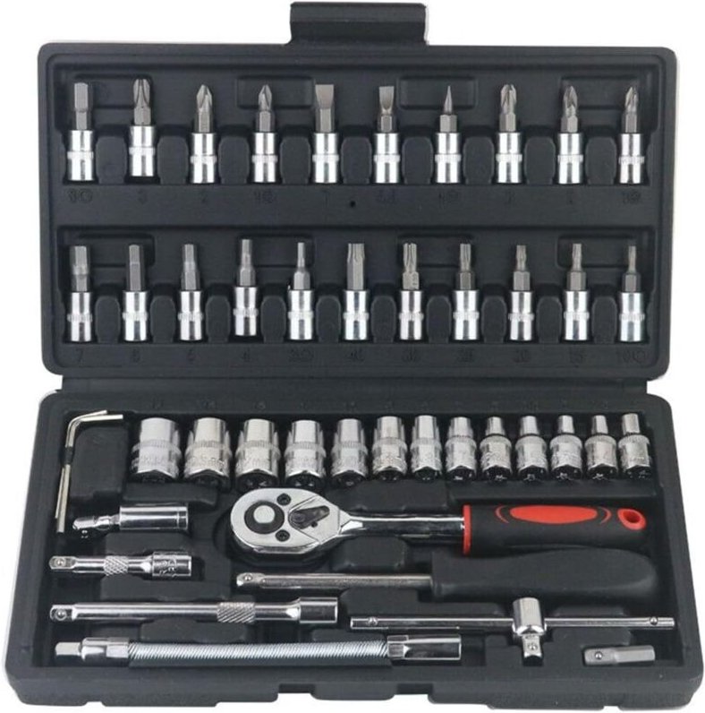46-teiliger Steckschlüsselsatz mit 1/4-Zoll-Antrieb, Ratschenschlüsselsatz mit metrischen Stecknüssen und Verlängerungss...