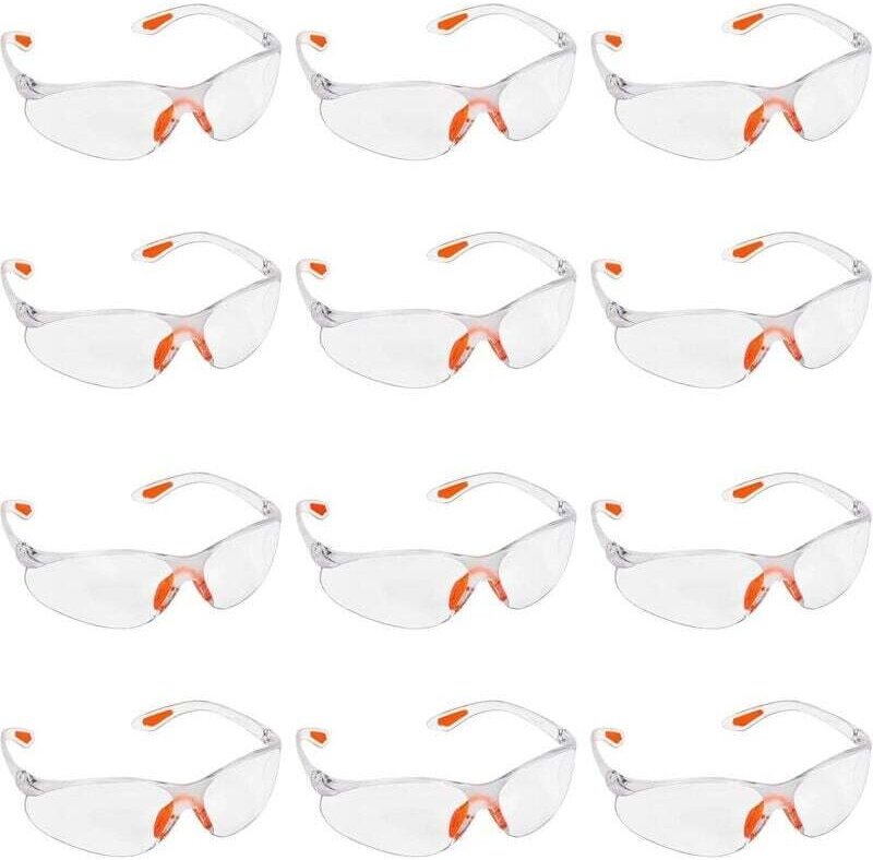 Lot de 12 Lunettes de Sécurité Transparentes Protection Confort Verres Plastique Pont Nez Caoutchouc