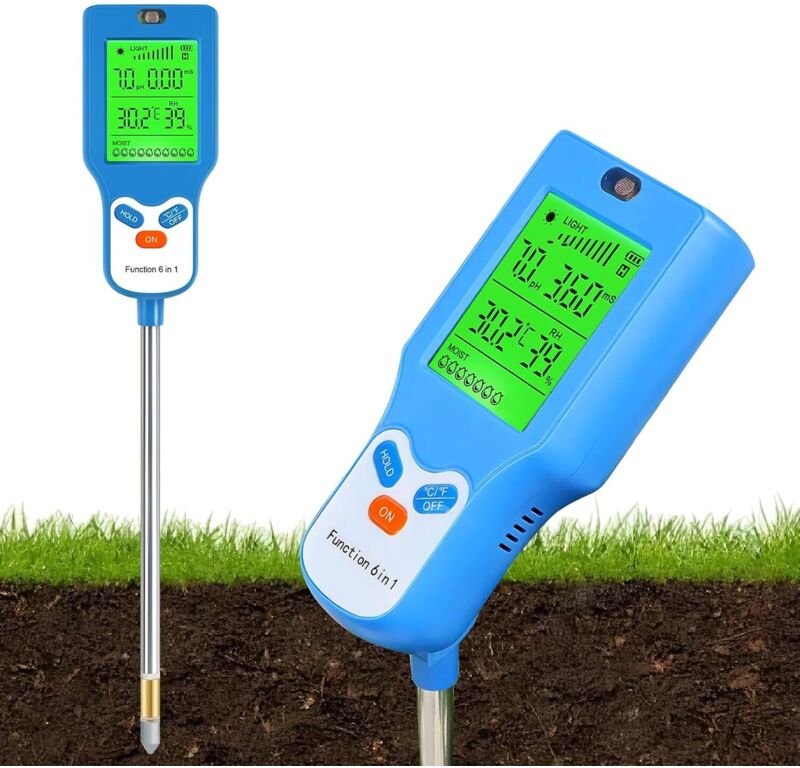 Digitales 6-in-1 Bodenmessgerät – pH, Feuchtigkeit, Licht, Temperatur & Nährstoffgehalt, LCD mit Hintergrundbeleuchtung,...