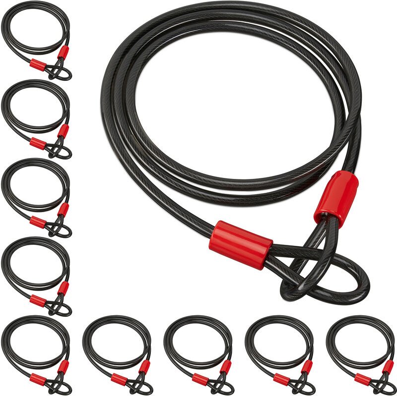 10 x Schlaufenkabel 2m, für Fahrrad & Gepäck, ummanteltes Stahlkabel mit Schlaufen, langes Fahrradschloss, schwarz