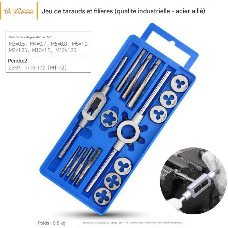 16-teiliger Gewindebohrer- und Schneideisensatz M3–M12, Fein- und Grobgewinde, GCr15-Legierungsstahl, Transportkoffer – ...
