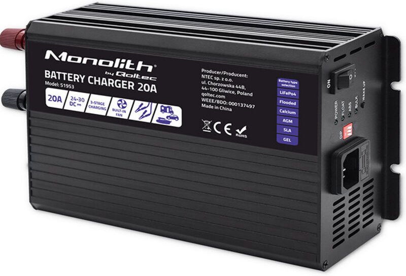 Qoltec Intelligentes Monolith-Ladegerät für LiFePO4 AGM GEL SLA-Batterien 20 A 24 V