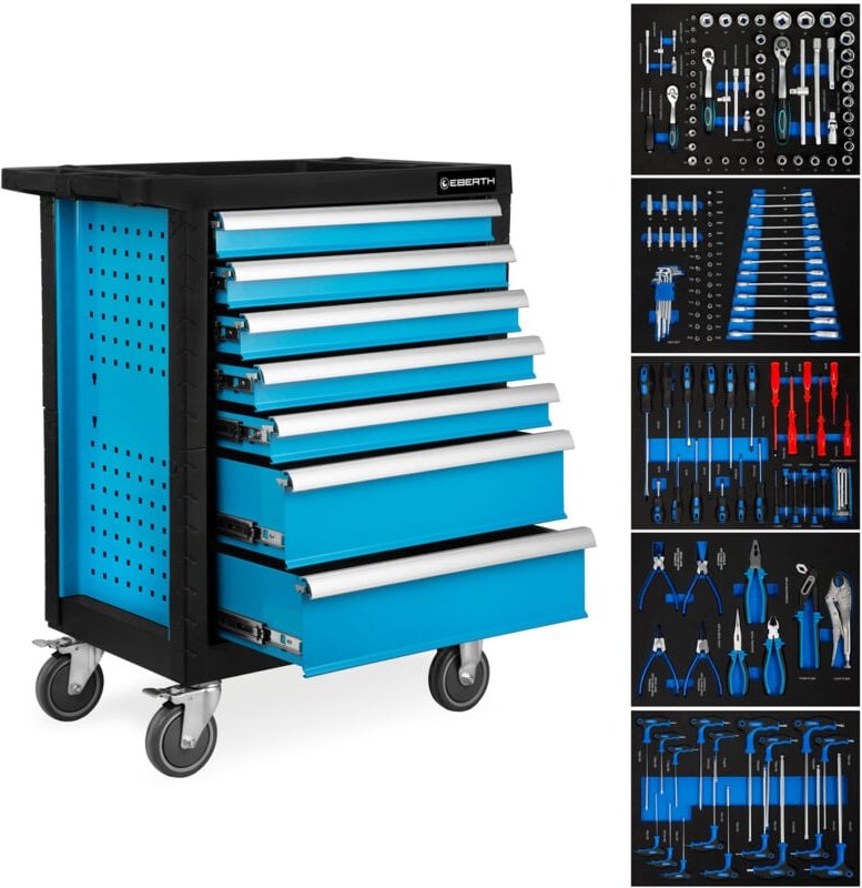 Werkstattwagen Werkzeugwagen Blau inkl. Werkzeug (7 kugelgelagerte Schubladen, 5 Laden mit Werkzeug bestückt, abschließb...
