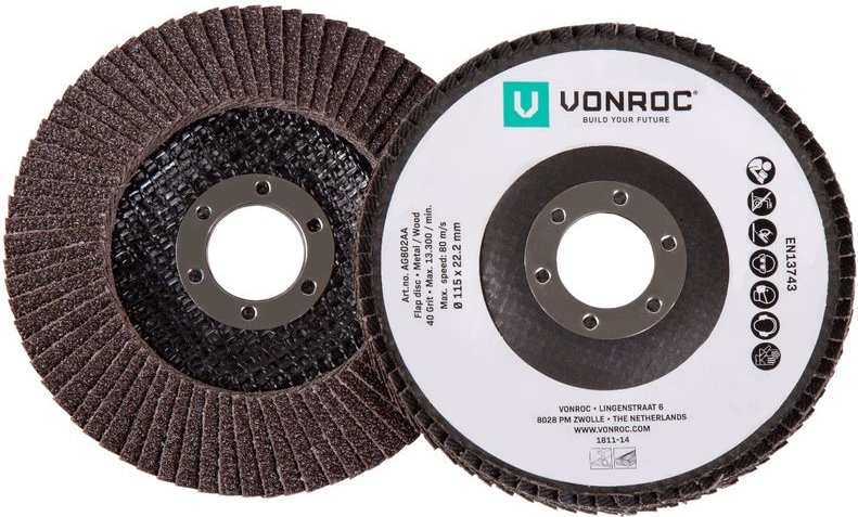 Vonroc - Universelles Fächerschleifscheiben-Set 2-teilig – K40 & K60 - ø 115 x 22,2 mm