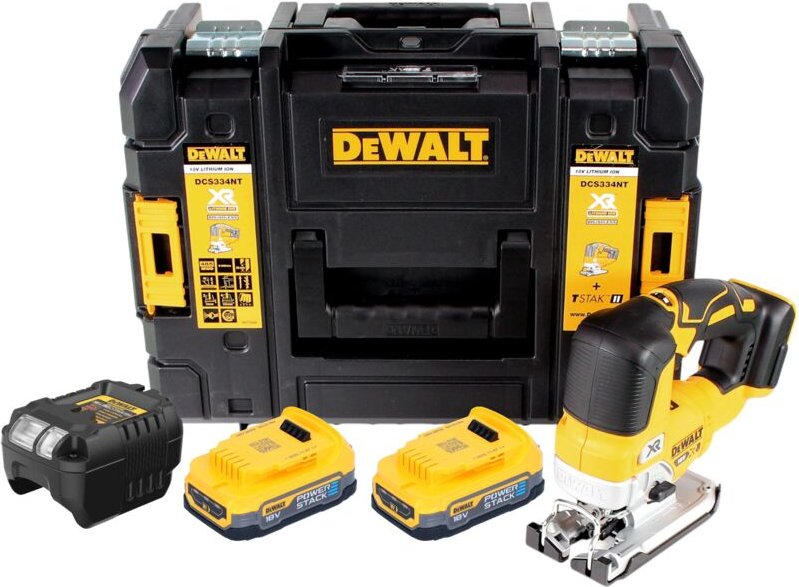 DeWalt DCS 334 E2T Akku Pendelhub Stichsäge 18 V Brushless + 2x Powerstack Akku 1,7 Ah + Ladegerät + TSTAK