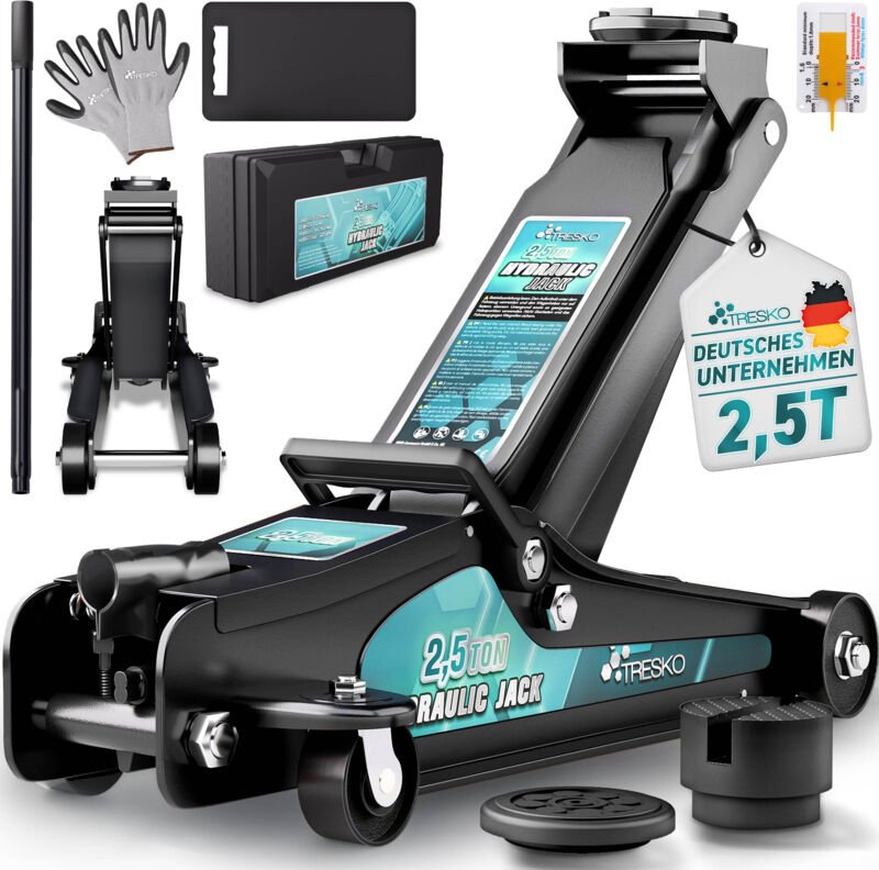 TRESKO® Wagenheber hydraulisch 2,5T Hubhöhe 85-385mm mit Tragekoffer Hydraulik KFZ Rangierwagenheber flach für tiefergel...