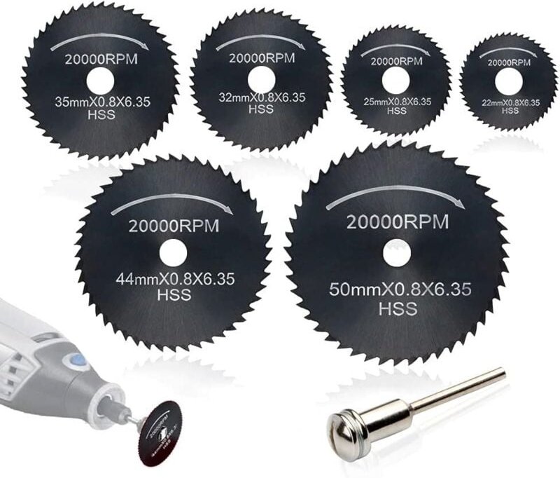 7-teiliges Set HSS-Kreissägeblätter (nitrierter Stahl) für Rotationswerkzeuge, inklusive 3,175 mm (1/8") Verlängerungsst...