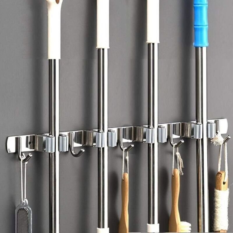 Wandmontierter Besenhalter – Besenaufhänger aus Edelstahl, Aufbewahrungsregal für Küche, Garage, Waschküche (4 Schlitze ...