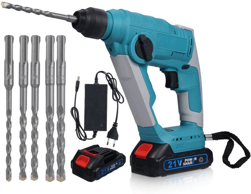 Vtizikl 700W Marteau perforateur sans fil 21V, énergie de frappe 2 J, avec 6 bits , 800r/min, 2Batterie moteur de martea...