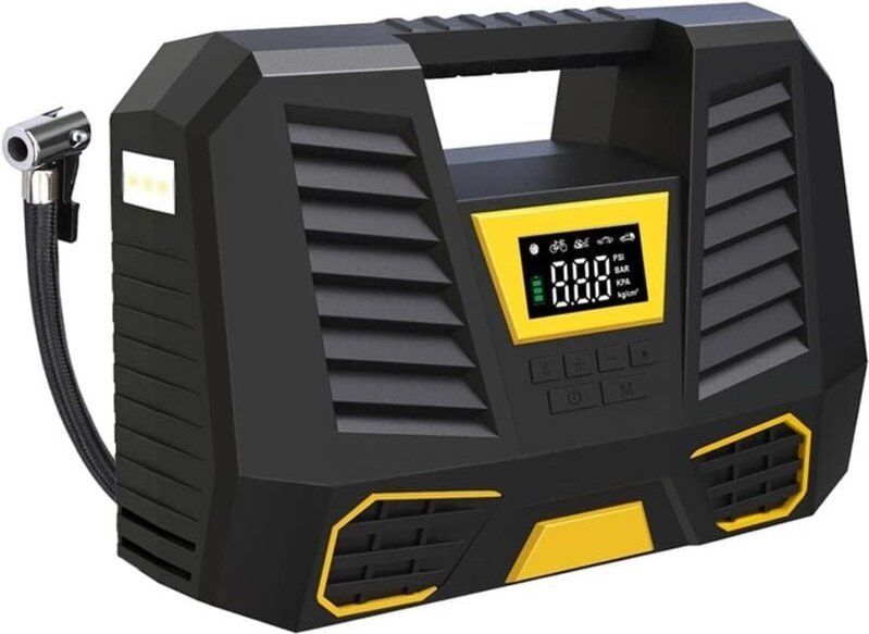 Tragbarer Luftkompressor, 150 PSI, 12 V DC, Reifenfüller mit LCD-Display und LED-Licht, Schwarz/Gelb