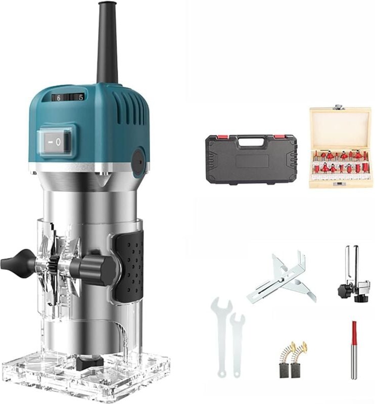 Elektrische Oberfräse, 6 Geschwindigkeiten, 800 W, 33.000 U/min, inklusive 15 Fräsern und Zubehör, geeignet für Holzbear...