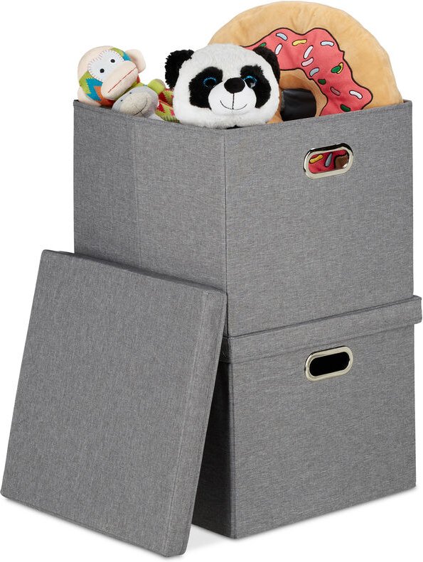 Relaxdays Aufbewahrungsbox 2er Set, faltbare Ordnungsbox mit Deckel, je 51 l, Faltbox quadratisch, 34 x 43 x 43 cm, grau