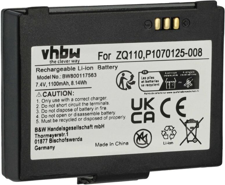 Vhbw - Akku Ersatz für Zebra P1070125-008, P1071565, P1071566, P1077747 für Barcodescanner pos (1100mAh, 7,4V, Li-Ion)