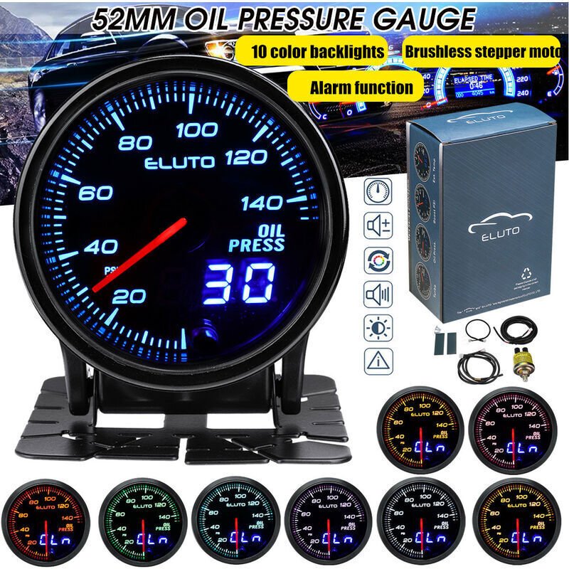 Indicateur de pression d'huile universel Eluto 2 "52mm 12V avec capteur 10 couleurs LED visage teinté PSI