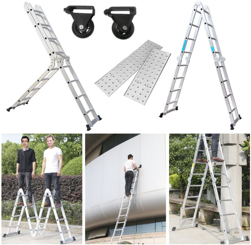 Froadp 470cm Aluminum Mehrzweckleitern, 4x4 Stufen Gerüst Leiter mit 2 Arbeitsplattform, Klappbare Stehleiter, Arbeitsbü...