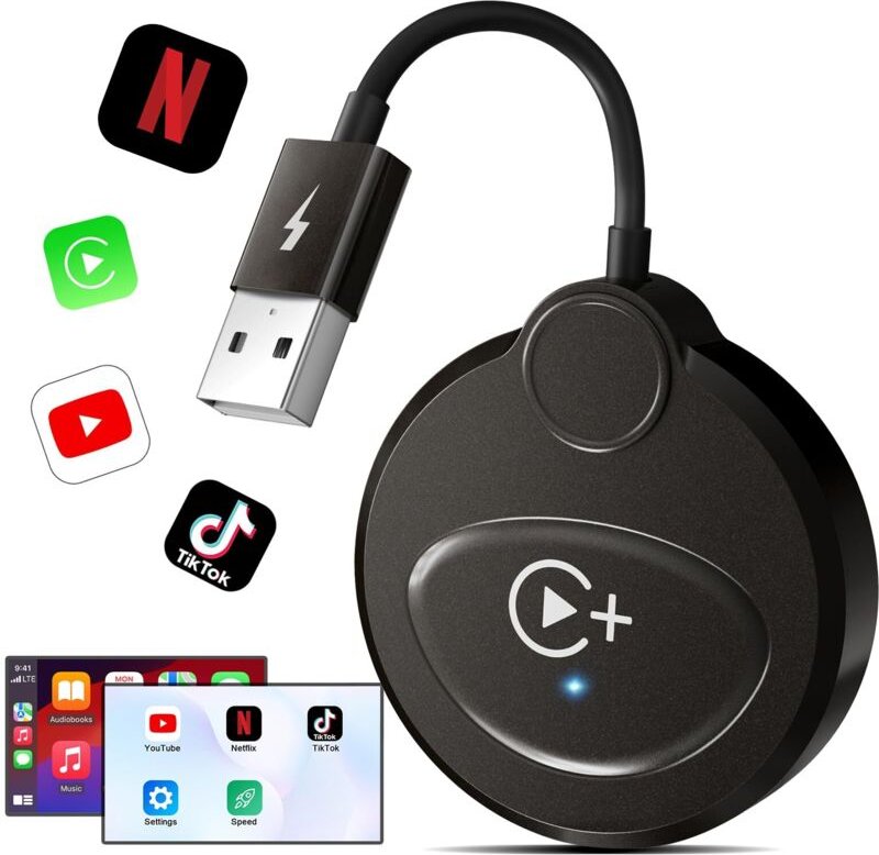 Wireless CarPlay mit Youtube, Netflix, Tiktok für iPhone, Wireless CarPlay-Adapter für werkseitiges verkabeltes CarPlay,...