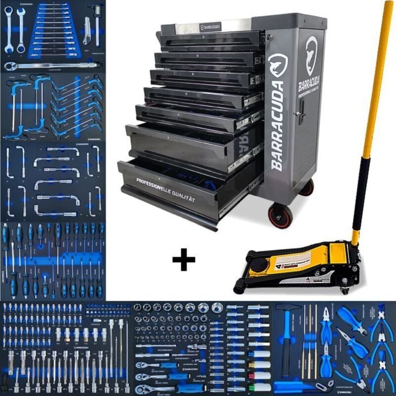 Werkstattwagen - BARRACUDA TOOLS - NARDO Grau XXL - 7 Schubladen - Hydraulischer Wagenheber 4T - Hochdichte Schaumstoff