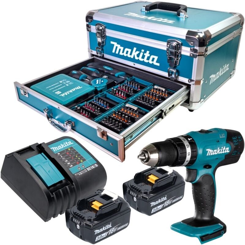Makita DHP 453 SFX9 Akku Schlagbohrschrauber 18 V 42 Nm + 2x Akku 3,0 Ah + Ladegerät + 96 tlg. Zubehör Set + Koffer