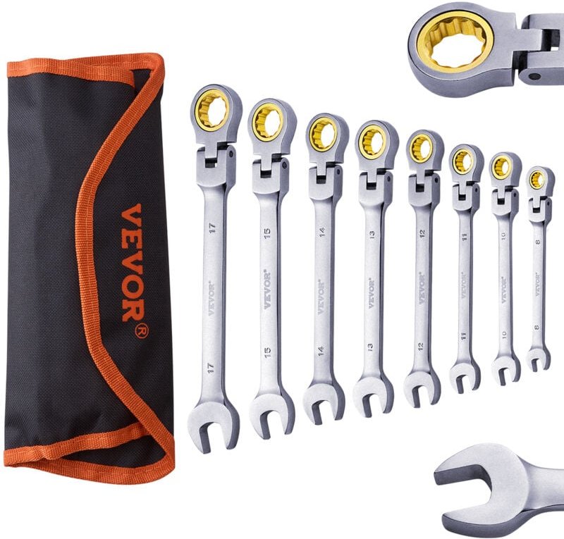 VEVOR Flexhead-Ratschenschlüsselsat 8-teiliger Ringmaulschlüsselsatz mit Rolltasche, Cr-V-Stahl flexibler Ratschenschlüs...