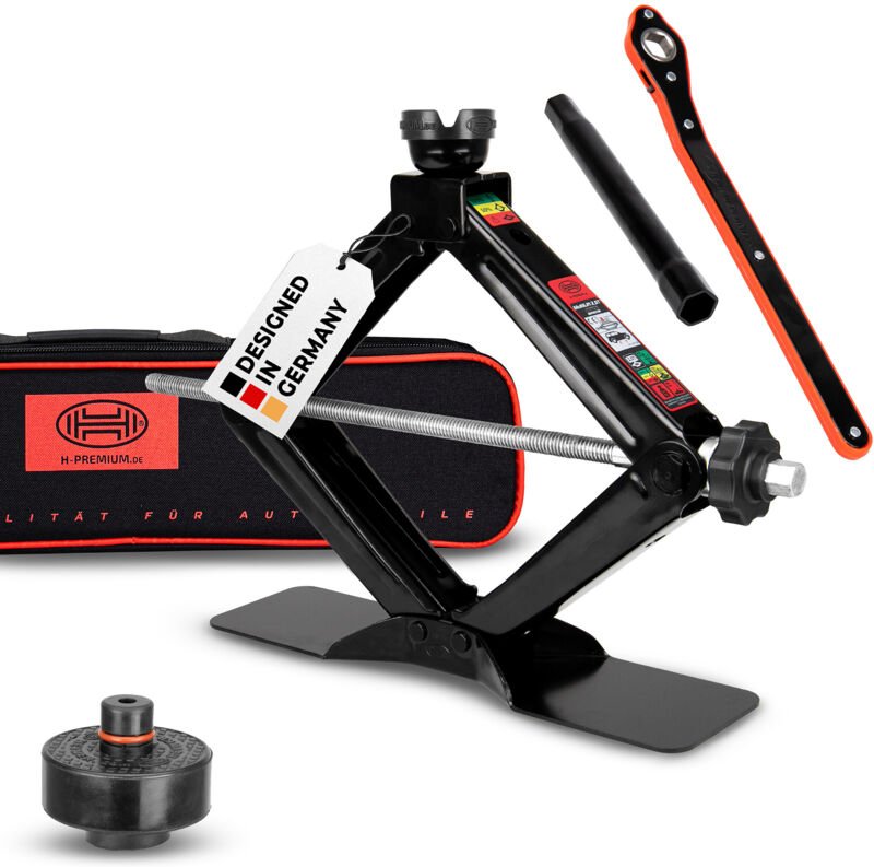 HEYNER® Wagenheber Scherenwagenheber 2t, Set inkl. Gummiauflage für Tesla, 360° drehbar, inkl. Ratsche & Tasche, TÜV Rhe...