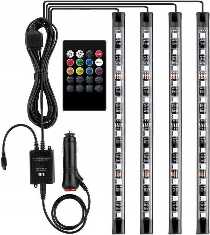 12V LED Auto-Innenbeleuchtung mit 4 Stück 48 RGB, 3m mehrfarbige Auto-LED-Lichtstreifen, steuerbare Lichtleiste mit Fern...
