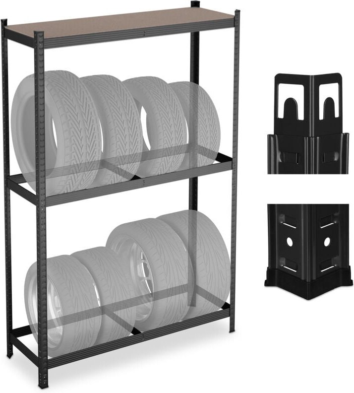 Relaxdays Reifenregal für 8 Reifen, HxBxT: 180 x 120 x 40 cm, 795 kg, Stahl, Stecksystem, Räderregal mit Ablage, schwarz