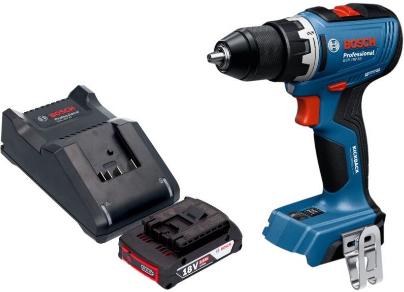 Bosch GSR 18V-65 Professional Akku Bohrschrauber 18 V 63 Nm Brushless + 1x Akku 2,0 Ah + Ladegerät