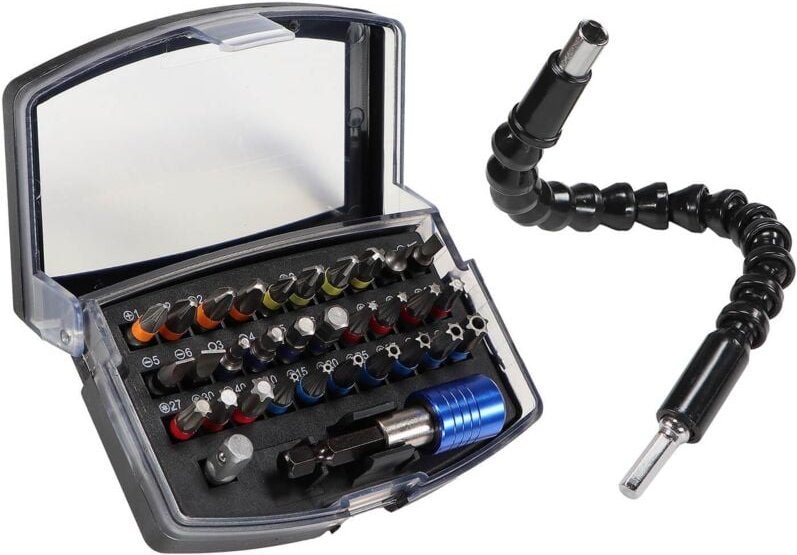 Magnet Bithalter flexible Welle mit 32 tlg. Bitsatz S2 Stahl Box mit Gürtelclip