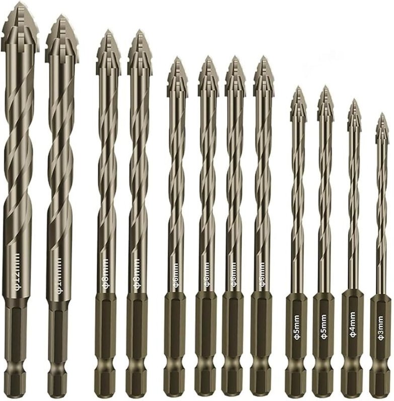 12-teiliges 4-Nut-Exzenterbohrer-Set, Sägezahnbohrer, 1/4-Zoll-Sechskantschaft, Mehrzweckbohrer mit hoher Härte für Glas...