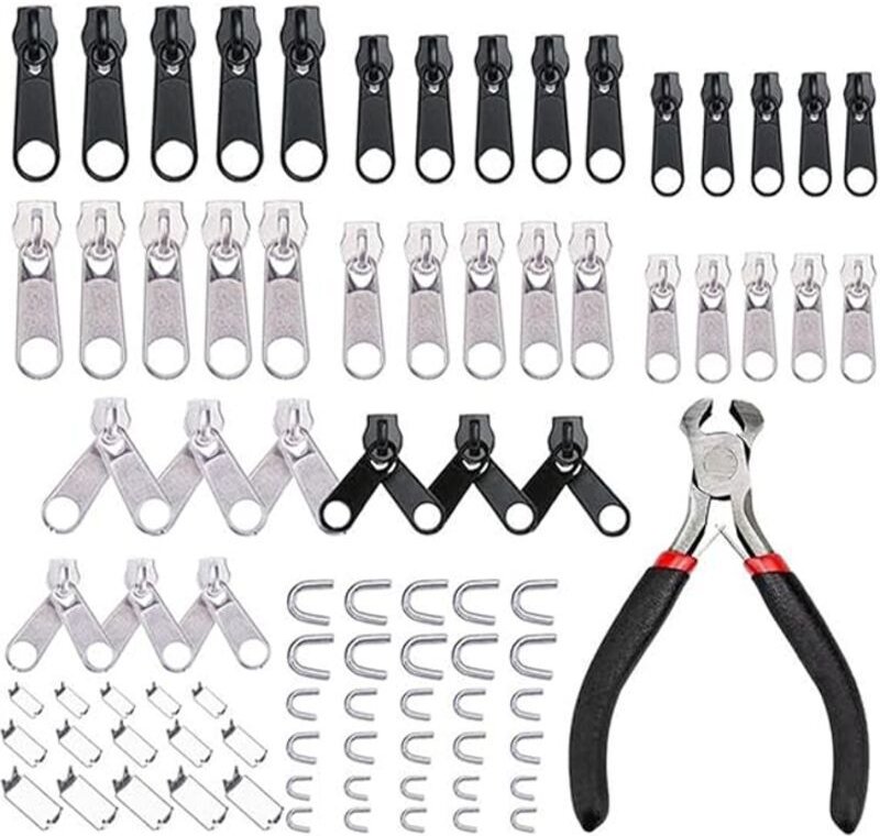 85-teiliges Reißverschluss-Reparaturset, inklusive Ersatzreißverschlüssen mit Zippern und Miniclips, schwarz.