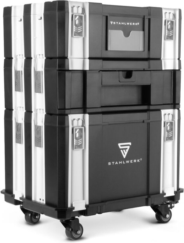 STAHLWERK Mobiles Toolbox Set 3 Werkzeugkoffern Rollbrett, Lenkrollen