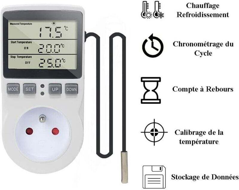 220-V-Digital-Temperaturregler-Stecker mit Sonde für Heizung und Kühlung, LCD-Temperaturregler-Stecker für Kühlschrank, ...
