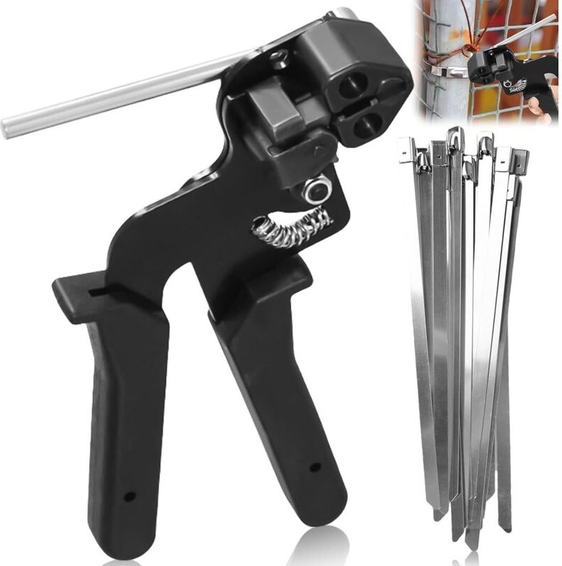 Kabelbinderwerkzeug: Zange und Pistole mit 100 Edelstahl-Kabelbindern (200 mm x 4,6 mm) – Zum Festziehen und Schneiden v...