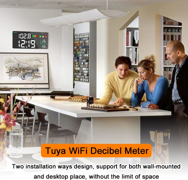 Tuya WiFi 4-in-1 Schallpegelmesser mit Temperatur- und Feuchtigkeitsmessung, Wecker, 11-Zoll-LED-Farbbildschirm, Tuya Sm...
