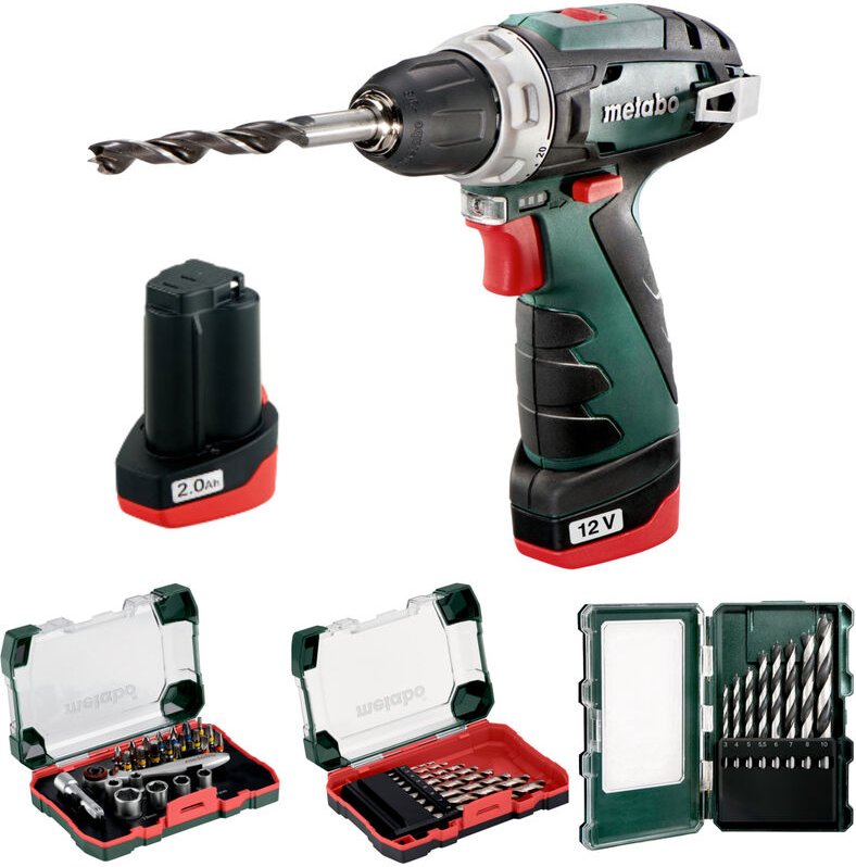 Metabo Akku-Bohrschrauber-Set PowerMaxx BS mit 2x 2,0 Ah + Ladegerät im Koffer + Bitset + Metallbohrer + Holzbohrer