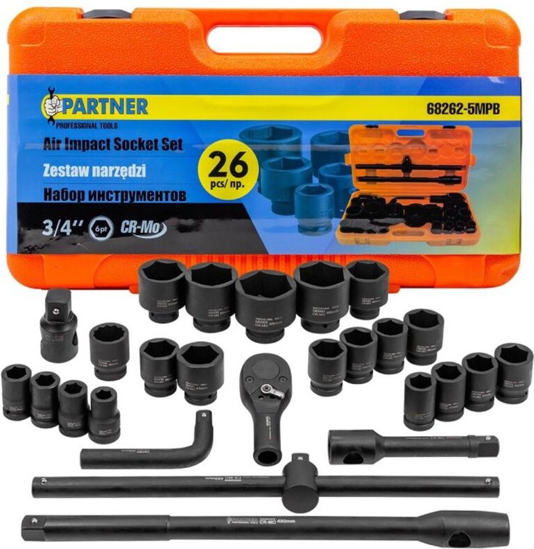 Schlagsteckschlüssel 3/4'' 17-65mm 6-kant 26-teiliger Koffer