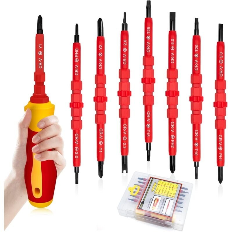 Elektriker-Schraubendreher-Set 7 Stück, multifunktionales 14-in-1-Schraubendrehersatz, isolierte Schraubendreher mit wei...