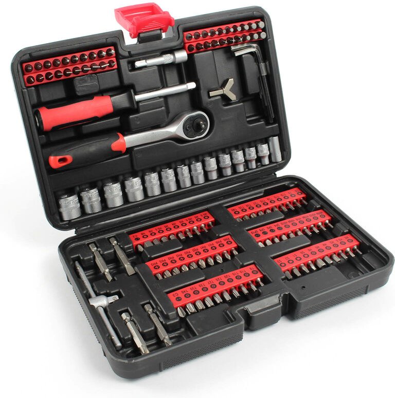 130-tlg. Steckschlüssel- und Bitsatz mit Umschaltknarre 6,3 mm (1/4') Set mit 104 Bits, Stecknüsse im Knarrenkasten, hoc...