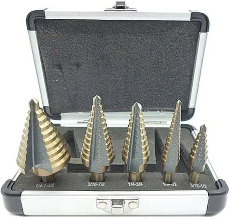 5 Pcs Foret Fraise Meche Etage, Foret Étagé, avec Boîtier en Aluminium Professionnel, Tige Hexagonale, avec Tampon de Ce...