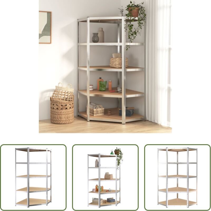 Schwerlastregal - Eck-Schwerlastregal 5 Böden Silbern Stahl & Holzwerkstoff