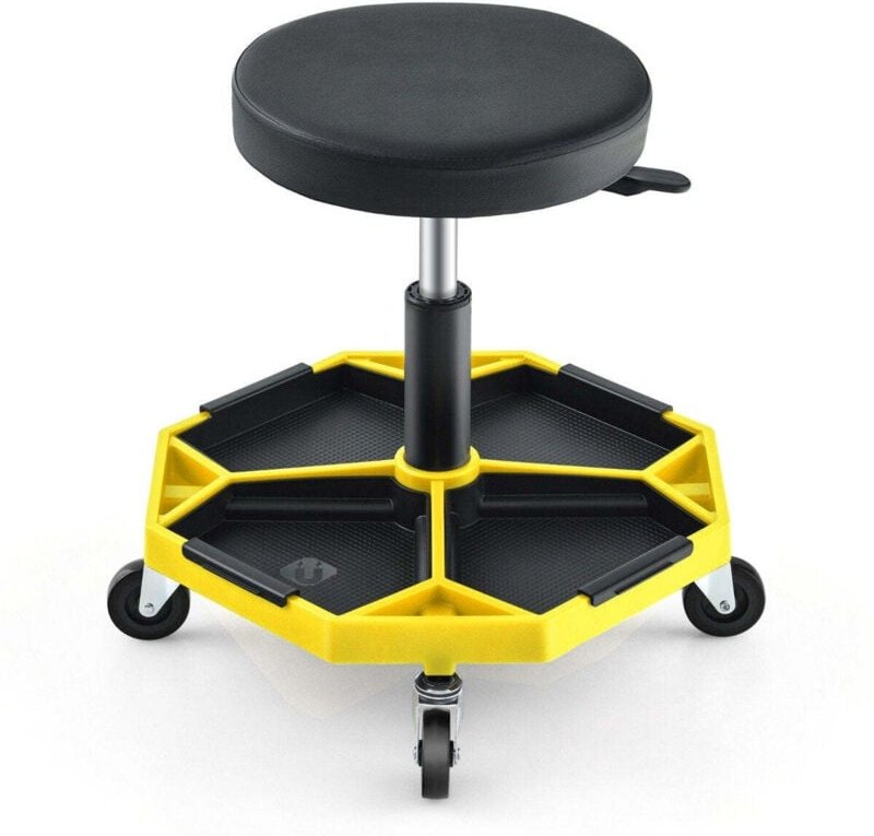 Verstellbarer Mechanikerhocker mit Tablett, 150 kg Tragkraft, Gelb