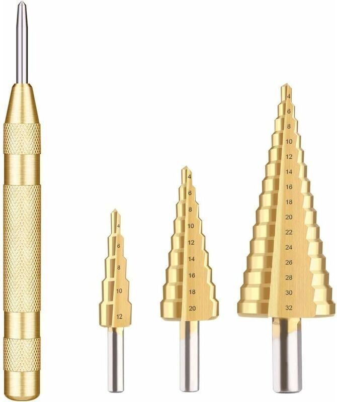 HSS-Stufenbohrer für Metall, 4 Stück, 4–12/20/32 mm, dreieckig, konisch, sechseckig, Edelstahl, Metall-Stufenbohrer mit ...