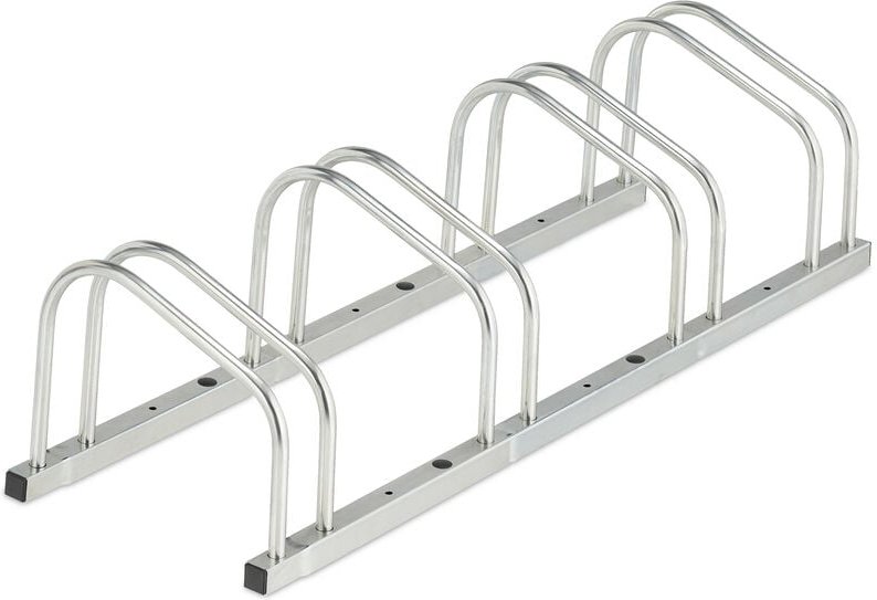 Relaxdays Fahrradständer Boden, für 4 Fahrräder, bis 50 mm Reifenbreite, Metall, Garage, Fahrrad-Aufstellständer, silber