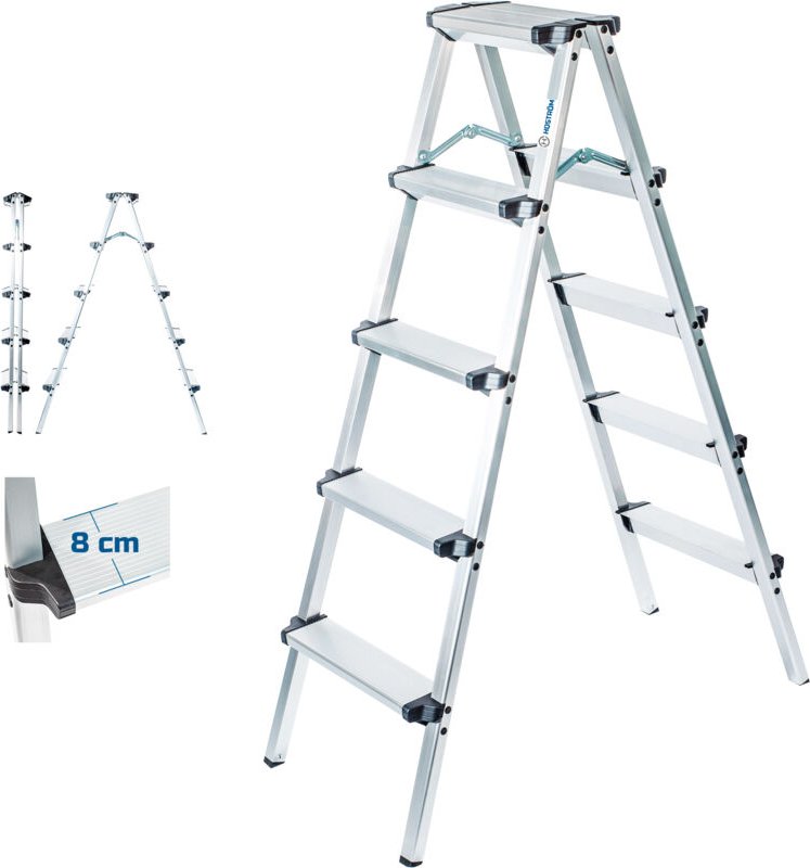 Stehleiter mit 5 Stufen HOMILIX5, kleine zusammenklappbare Stehleiter, Aluminium, kompaktes und robustes Design, max. Ar...