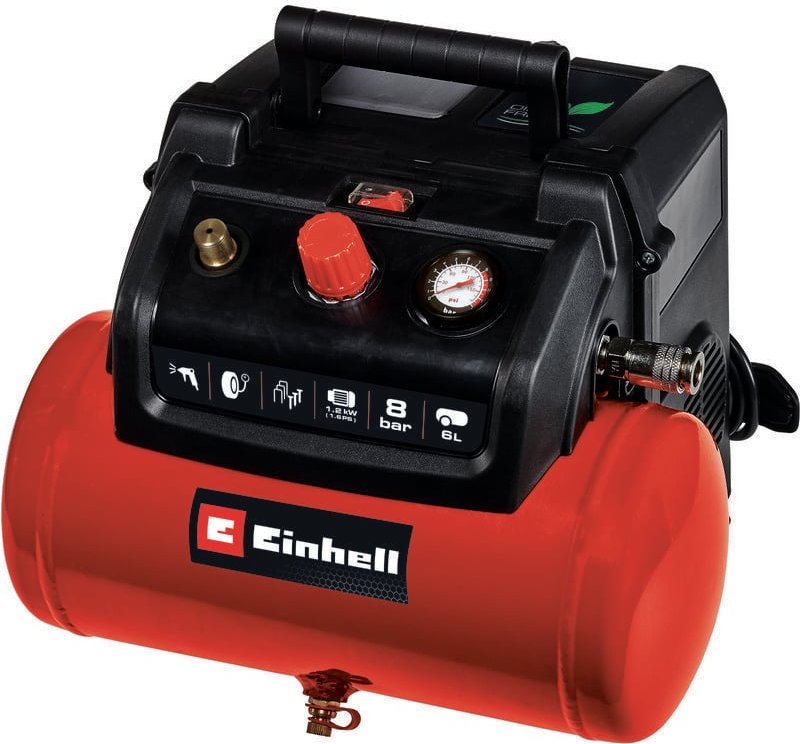 Einhell - Kompressor tc-ac 190/6/8 (1,2 kW, max. 8 bar, 190 L/min Ansaugleistung, 6 Liter Tank, ölfreie Pumpe, Manometer...
