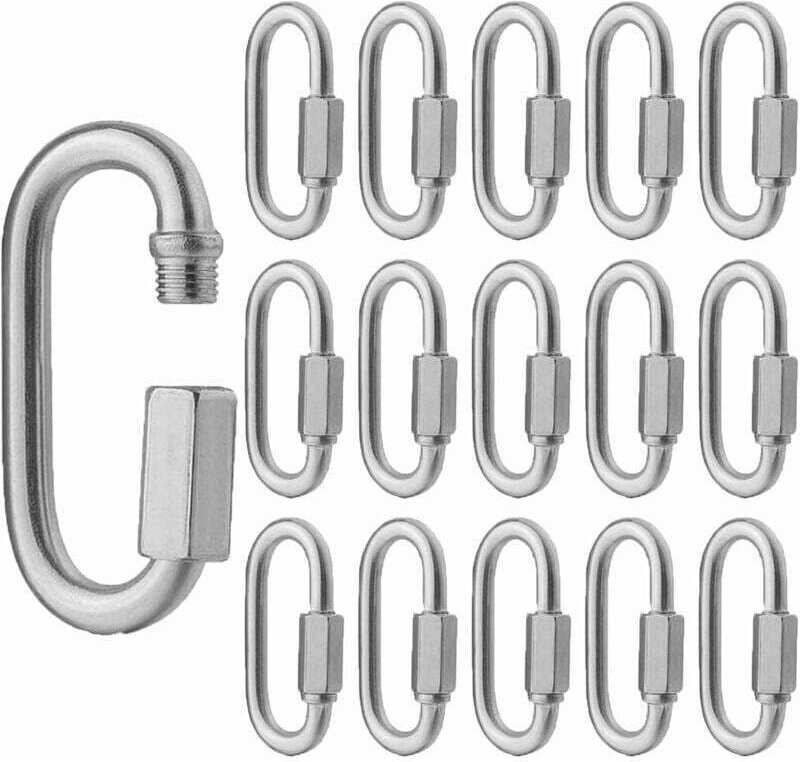 16 Stück Edelstahl-Karabiner M5 mit Schnellverschluss, 304 D-Form, Mini-Schraubkarabiner für Wandern, Camping, Outdoor- ...